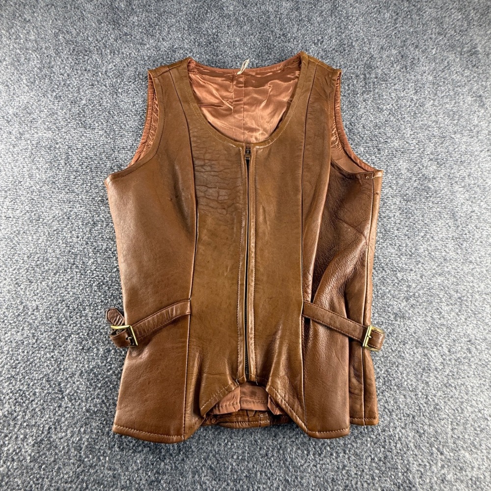 Vintage Austill Brown Leather Zip Front Vest with Side Buckles Size S M